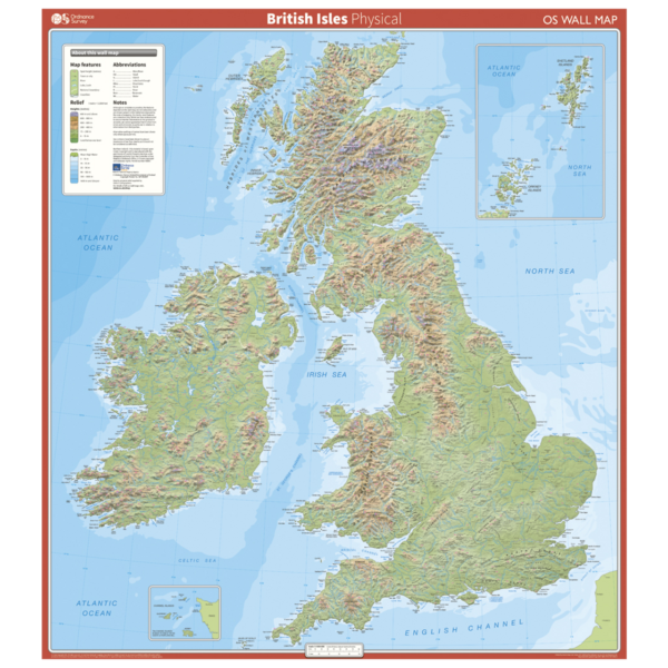 Ordnance Survey British Isles - physical features wall map