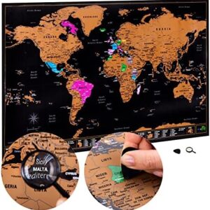 Scratch Off World Map Large 70x42cm | Ultra Detailed World Map Poster - All US States. Scratch Map World Accessories Kit & Gift Tube. Travel Journal Wall Art - Deluxe Cartographic Map by Atlas & Green