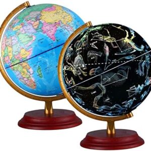 Illuminated World Globe for Kids With Wooden base Night View Stars Constellation Pattern Globe lamp with Detailed World Map Built-in LED Educational Gift Night Stand Decor + pen and Cleaning Cloths
