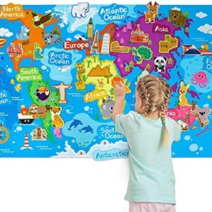 Taika 43x28 inch World Map Felt Board Set, World Map Floor Mat, Animals Felt Story Board, Geography Theme Carpet, Kids World Country Area Rug, Colorful Map Play Mat